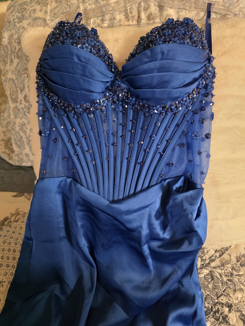 Strapless Beaded Sapphire Blue Evening Gown